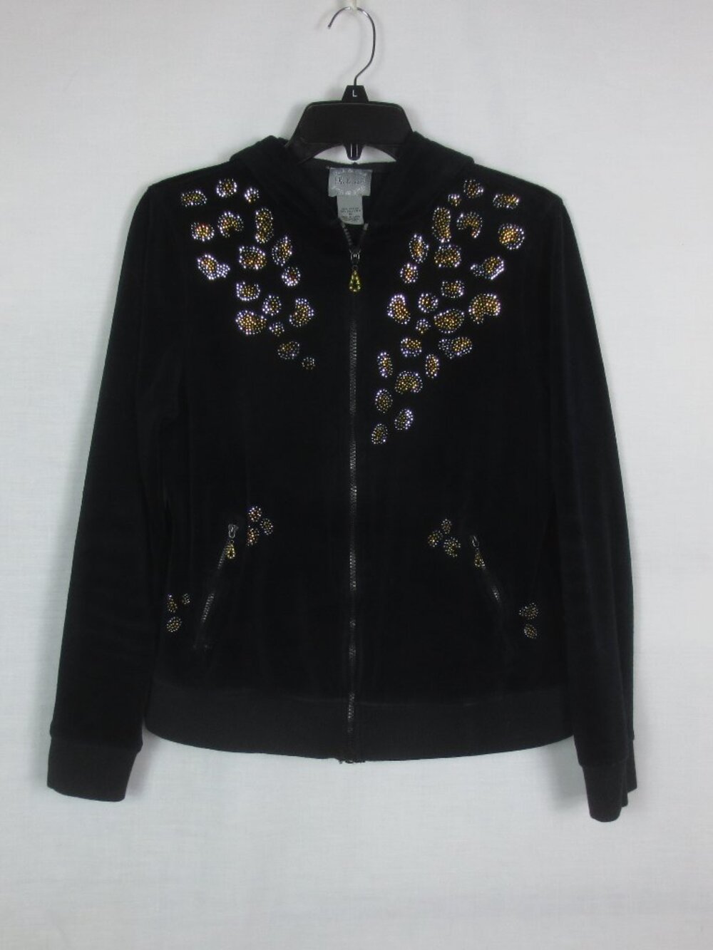 90s Peck&Peck Top Black Plush Velour Bling Leaf Embellished Zip Up Hoody Size M